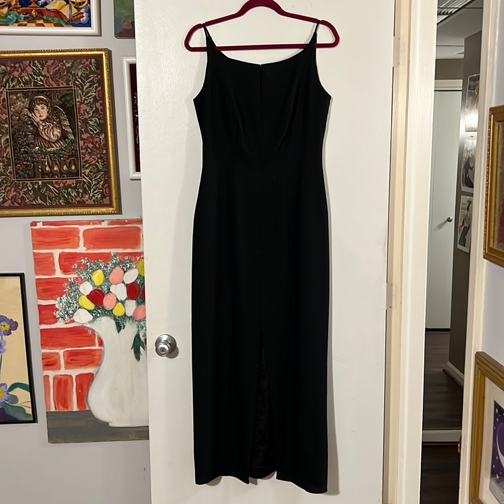 Waters and Watters black long dress. Spaghetti straps. Front slit
